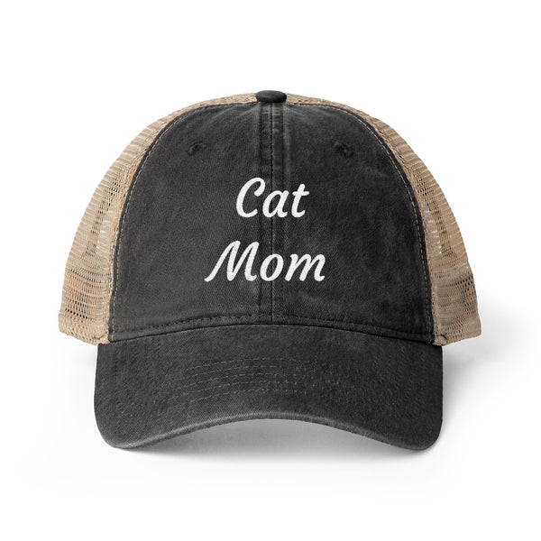 Cat Mom Women's Washed Mesh-Back Cap with Ponytail Opening