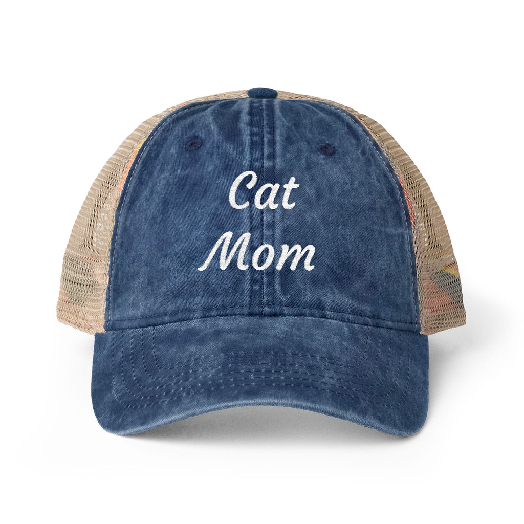 Cat Mom Women's Washed Mesh-Back Cap with Ponytail Opening
