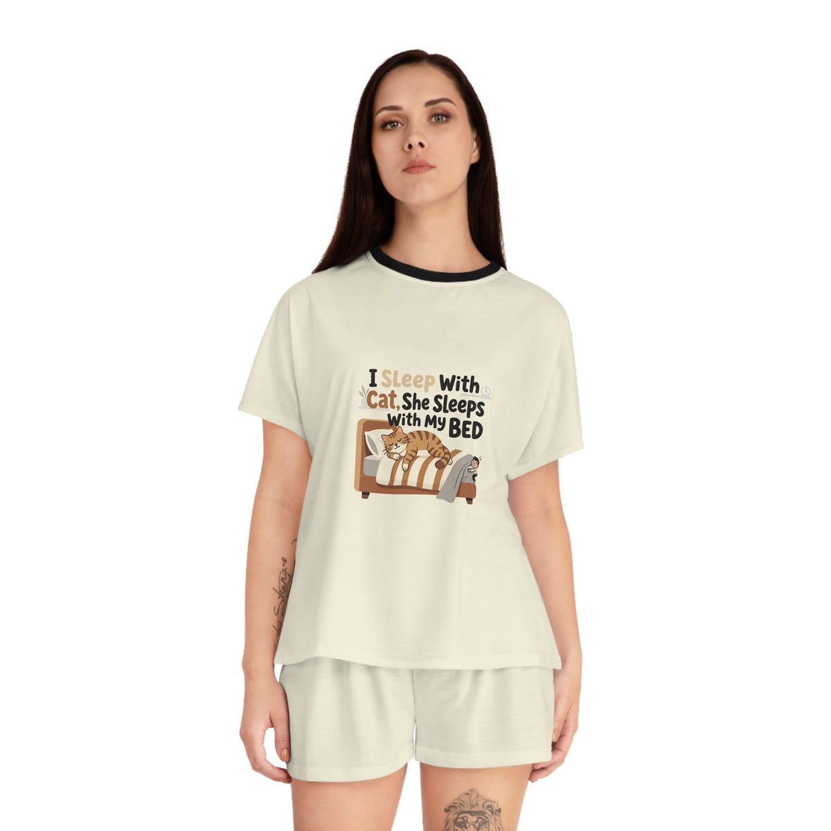 Women's Pajama Set | Funny relatable, cat meme T-shirt, All-Over Print Short PJ Set
