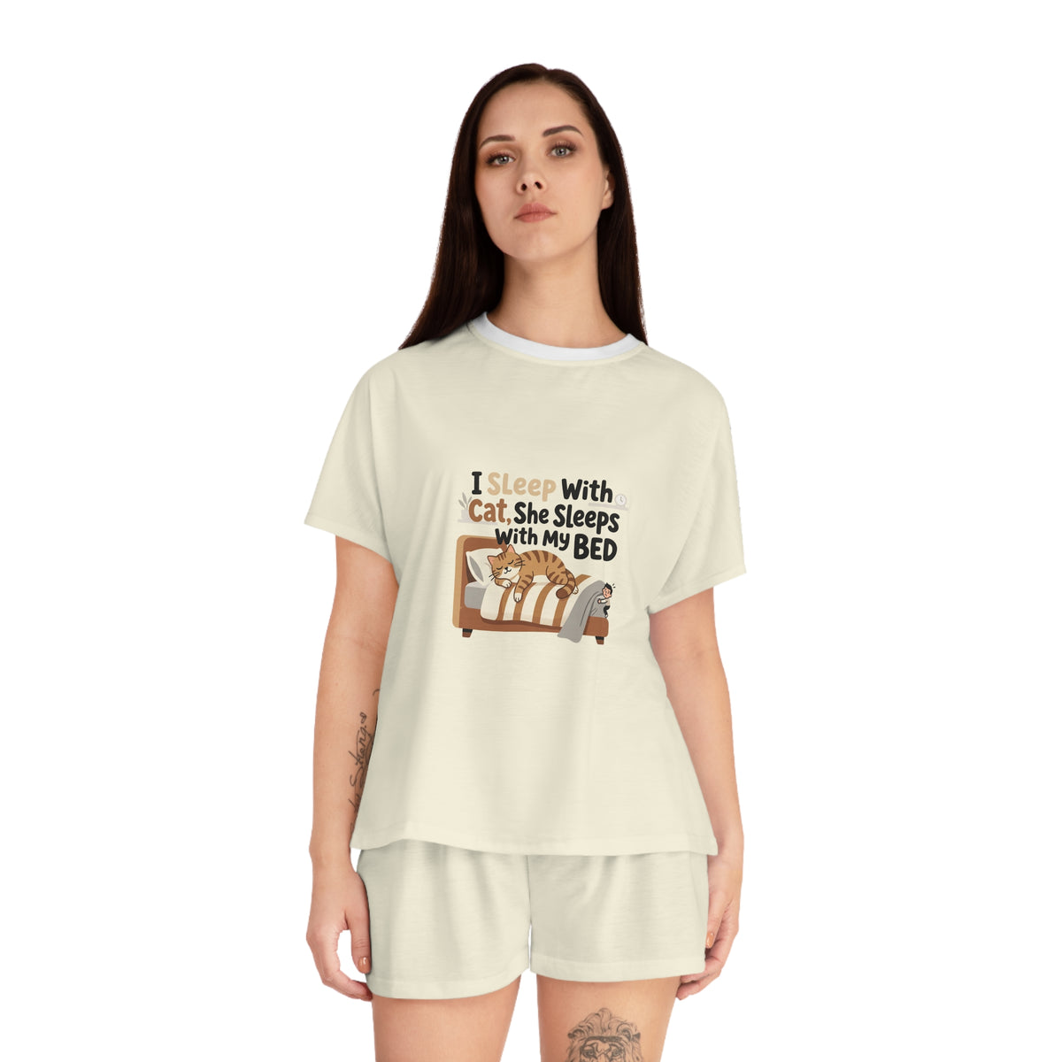 Women's Pajama Set | Funny relatable, cat meme T-shirt, All-Over Print Short PJ Set